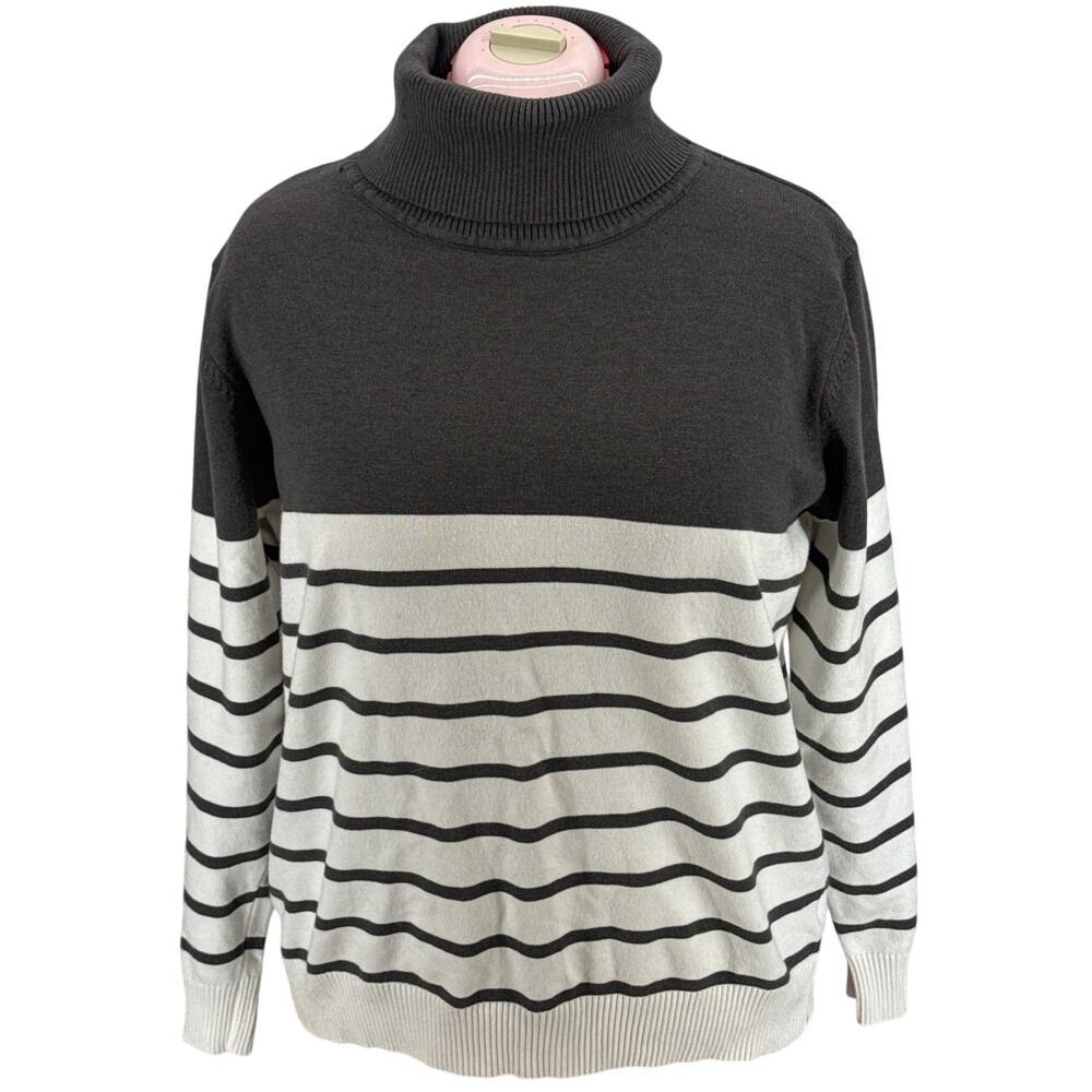 Kirundo Gray White Stripe Soft Cozy Turtleneck Oversized Sweater Women XL
